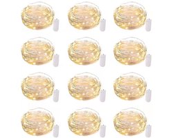 12 stuks LED-lampjes op batterijen, lichtsnoer - 2 m, 20 LED's, waterdicht, zilverdraad, vuurvliegjesster, maanlicht voor doe-het-zelf-knutselwerkjes, bruiloftstafeldecoraties, feest, slaapkamer, kerst