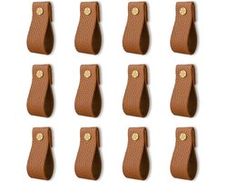 12 stuks leren ladegrepen - leren handgrepen - leren grepen - kastgrepen - handgemaakte leren knoppen kastbeslag - voor ladekasten, ladedeuren en kasten - bruin