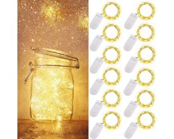 12 stuks lichtsnoer werkt op batterijen, 2 m 20 LED Koperdraad Fles Licht, Firefly String Decoratieve Verlichting voor Thuis Tafel Feest Bruiloft Indoor Pot Tuin Kerst Decor (Warm Wit)