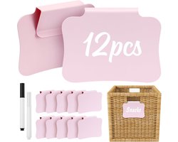 12 stuks Mand Label Houders – Roze – Afneembaar en Beschrijfbaar – Voor Opbergboxen, Waskamer, Keuken & Voorraadkasten