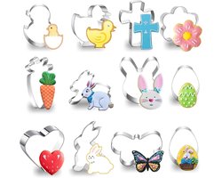 12 stuks - Paaskoekjesvormen - Paas Koekjesstekers Set - Koekjesvormen - Paasdecoratie - RVS Uitsteekvormpjes - Bakaccessoires - met de figuren konijn, bloem, vlinder, kuiken en wortel - voor feestjes en knutselactiviteiten met kinderen - Stijl 1