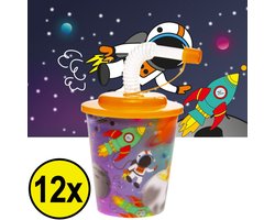 12 STUKS RUIMTE / SPACE 3D Drink Beker met Rietje en Deksel - 250ML - Ruimtevaart Plastic Bekers - Kinderfeestje - Kinderverjaardag Bekertjes - Traktatie - Uitdeelcadeaus