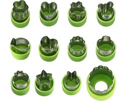 12 stuks - Set koekjesvormpjes - mini-fruitvormpjes van roestvrij staal - roestvrijstalen fruit- en groentesnijders - groentesnijders - met beschermhoes - voor taart, koekjes, toast, fondantdecoratie - groen