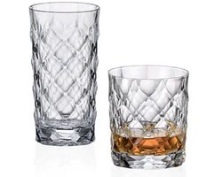 12 stuks - set kristallen drinkglazen - grote hoge longdrink glazen en waterglazen - BOHEMIA CRYSTAL - glazen TINY met structuur voor ijskoffie, cocktail, sap en meer - luxe tafelen - 6 longdrinkglas + 6 waterglas