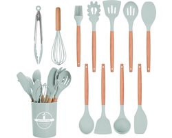 12 stuks siliconen keukengerei met houten handvat - hittebestendig - anti-aanbaklaag - spatel lepel - vaatwasmachinebestendig - beste keukengereedschap - Groen
