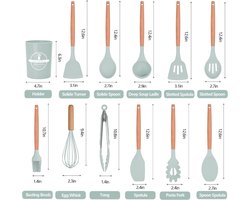 12 stuks siliconen keukengerei met houten handvat, hittebestendig, anti-aanbaklaag, spatel, lepel, vaatwasmachinebestendig, beste keukengereedschap (Groen)