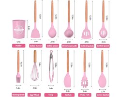 12 stuks siliconen keukengerei met houten handvat, hittebestendig, anti-aanbaklaag, spatel, lepel, vaatwasmachinebestendig, beste keukengereedschap (Roze)