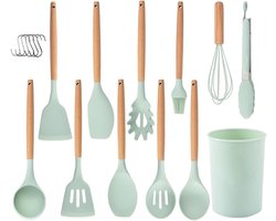 12 Stuks Siliconen Kookgerei Set met Houten Handvat, Hittebestendig, Anti-aanbak Kookgerei Tang Spatel Lepel Set Vaatwasmachinebestendig Beste Keukengereedschap met Houder (Groen)