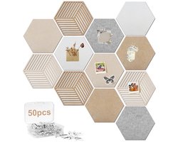 12 stuks vilt prikbord - Zelfklevend DIY kurk prikbord met 50 punaises - Zeshoekige memo borden - Voor thuis, kantoor, klaslokaal, foto's, notities wanddecoratie