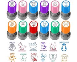 12 Stuks Zelfkleurende Stempels voor Leraren, Beloningsstempels voor Studenten, Huiswerkstempels met Cartoon Dieren en Motivatie voor Kinderen