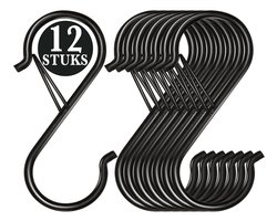 12 Stuks Zwart Metaal S Haken met Veiligheidssluiting - 10cm Lengte - Ophanghaken - Haakjes voor Keuken, Badkamer & Tuin - Kledinghangers - Jashaak Hangers - Handdoekhaakjes - Keukengerei Organizer Haak - Kapstok S-haken - Vleeshaken - Muurhaak