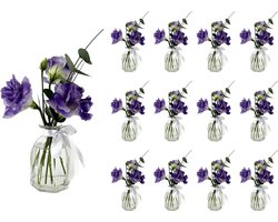 12 x 150 ml kleine vazen glazen flessen geometrische glazen flesjes landhuis vintage vaas fles glas helder mini decoratieve flessen inclusief witte strik (12 stuks)
