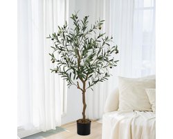 120 cm hoge kunstmatige olijfbomen, imitatiezijden olijfbomen voor decoratie in huis, kantoor of woonkamer, nep-kamerplanten met natuurlijke houten stam en levensechte vruchten.