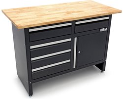 120 Cm Werkbank Met 5 Laden 1 Deur en Massief Houten Werkblad