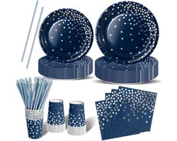 120-delige Tafelset in Marineblauw en Zilver voor Kinderfeestjes - Papieren Borden, Servetten en Bestek voor 24 Gasten, Ideaal voor Doop, Bruiloft en Babyshower Decoraties