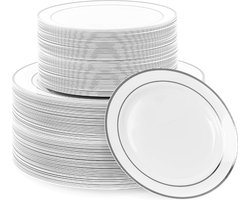 120 Witte Plastic Borden met Zilveren Rand, 2 Maten (60 x 26cm, 60 x 19cm) - Bruiloften, Verjaardagen, Kerstmis & Party's - Elegant, Herbruikbaar & Stabiel