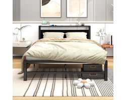 120 x 200 cm Metaal Bed - Bed Frame met Houten Hoofdbord - Platform Bed Frame - Sterk Lattenframe - Eenvoudige Montage - Zwart