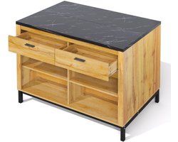 120×75×90 cm Keukeneiland Landhuisstijl Eikenhoutnerf Zwarte Marmeren Werkblad 2 Laden 4 Open Planken Metalen Frame Bar Achterkant Keuken Woonkamer