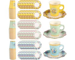 120pcs Theeparty Borden en Schotels Sets - Multicolor Theeparty Versieringen - 60 Papieren Theekopjes met Handvat - 60 Kant Schotel Bloem Feest Tafelgerei voor Meisjes Theeparty Benodigdheden