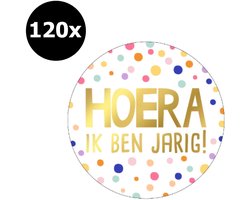 120x Sticker Hoera Ik Ben Jarig - 40mm - Hoera Goudfolie - Sluitsticker - Sluitzegel - Cadeau Sticker - Verjaardag - Stippen Multicolor - 120 Stuks
