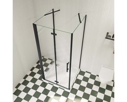 120x90x195cm douchecabine, met inklapbare vouwdeur en twee vaste zijwanden, 6mm helder EasyClean veiligheidsglas,mat zwarte aluminium frame, stabilisatiestang 50 cmX2