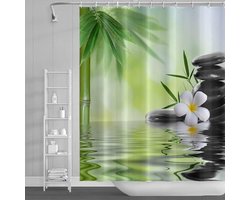 122x183cm Water Spa Douchegordijn Groen Bamboe Bladeren Orchidee Bloesem Natuurlijke Badgordijn Zen Meditatie Basalt Stenen Bloemen Badgordijn voor Badhuis Stof Polyester met Haken