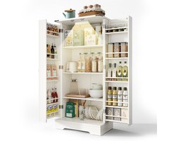 128,5 cm grote keukenkast, boeren opbergkast - LED eetkast met 2 draaideuren en verstelbare planken voor kleine ruimtes in de eetkamer of woonkamer, witte diepdruk structuur