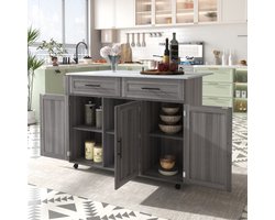 129*46(71)*91,5 cm eettafel trolley / dressoir met glazen tafelblad, binnenplanken in de kastdeuren, kookeiland op 5 wielen met opbergkasten en 2 lades, voor de eetkamer