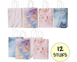 12x Papieren Uitdeeltasjes Marmer - 15x8x21cm - Stevig Papier - Traktatie Zakjes - Papieren Tasjes - Cadeau Zakjes - Uitdeelzakjes - 6 Verschillende Motieven - Kraftpapier - 12 Stuks