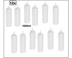 12x Sausfles 1000ml transparant incl. dop - ketchup mosterd mayonaise saus knijp fles festival snack thema feest garneerfles sausfles doseerfles