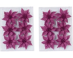 12x stuks decoratie bloemen rozen fuchsia roze glitter op ijzerdraad 8 cm - Decoratiebloemen/kerstboomversiering/kerstversiering