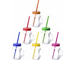 12x stuks Glazen Mason Jar drinkbekers met dop en rietje 500 ml - 6x kleuren, 2x stuks per kleur