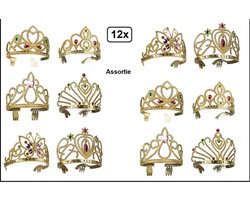 12x Tiara goud 6 assortie  kids - prinses thema feest verjaardag uitdeel hoofd accesoires