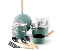 13-delige Keramische Anti-aanbak Kookgerei Set - Pannen, Saucepans, Zeef - Vintage Houten Handvat - PFAS-Vrij - Inductie - Rook Blauw pannenset inductie koudgrepen