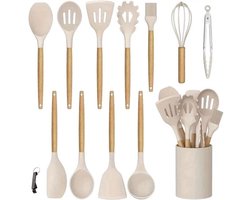 13-delige Non-Stick Siliconen Keukengerei Set met Houten Handvatten | Hittebestendig Kookgerei met Opbergkoker | Krasvrij, BPA-vrij, Anti-aanbak & Makkelijk Schoon te Maken - Beige