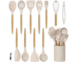 13-delige Non-Stick Siliconen Keukengerei Set met Houten Handvatten | Hittebestendig Kookgerei met Opbergkoker | Krasvrij, BPA-vrij, Anti-aanbak & Makkelijk Schoon te Maken met bieropener - Beige