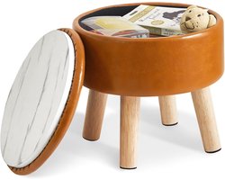 13 Inch Small Footstool met Opslag - Ronde Pouf Voetsteun - Gevoerd Zithoekje met Houten Poten - PU Faux Leer voor Woonkamer en Slaapkamer - Geelbruin WBD023J