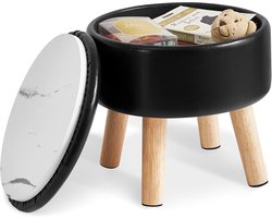 13 Inch Small Footstool Ottoman met Opbergruimte - Ronde Pouffe Voetensteun met Gevoerde Zitting en Houten Poten - PU Faux Leer Voetenbank voor Woonkamer Sofa Slaapkamer Entree Zwart WBD023B