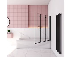 130x140cm Badscherm Badwanden Badwand 3 panelen vouwbaar,6mm NANO helder ESG-veiligheidsglas- mat zwart profiel