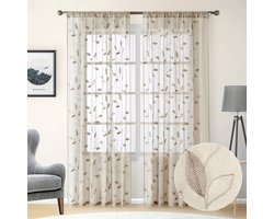 132x213cm Kaki Gordijn met Bladborduurwerk - Transparant - Voor Woonkamer en Slaapkamer
