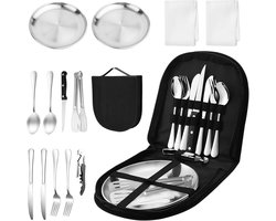 14-delig servies set voor 2 personen - roestvrij staal - voor outdoor activiteiten zoals camping, picknick, grillen en wandelen