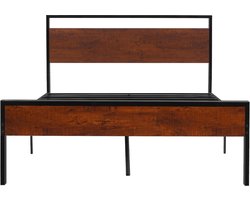 14-inch metalen bedframe met houten hoofdeinde en voeteneinde, zwart frame met bruine accenten, ruime opbergruimte onder het bed, stil en antislipontwerp, geen boxspring nodig, eenvoudige montage