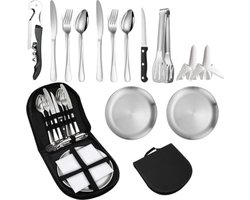 14 stuks campingbestekset, draagbare bestekset voor 2 personen, outdoor reisbestek, camping, picknick, bestek, draagbaar roestvrij staal, outdoor serviesset, met lepel, vork, mes, bord, clip