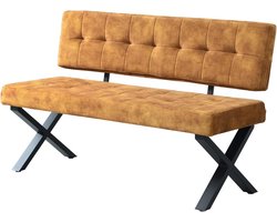 140 cm Gepolsterde Eetkamerbank met Rugleuning - Woven Stoffen Microvezel - X-metal Frame