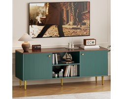140 cm TV-meubel voor tv tot 65 inch- mediakast met 2 deuren- verstelbare plank en gouden metalen poten- MDF-groen