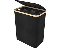 140 l wasmand van Oxford-weefsel, 3 vakken, afneembare wasverzamelaar met bamboeframe, opvouwbare waszak, wasboxen met handvat en deksel, wassorteerder, wasmand voor bijkeuken (zwart) NAIZY