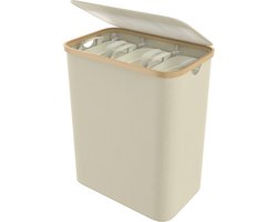 140 l wasmand van Oxford-weefsel, 3 vakken, afneembare wasverzamelaar met bamboeframe, opvouwbare waszak, wasboxen met handvat en deksel, wassorteerder, wasmand voor bijkeuken (beige) NAIZY