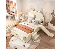 140 x 200 cm cartoonbed - kinderbed - berenbed - uitgerust met glijbaan en ladder - PU - beige - zonder matras