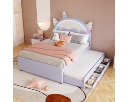 140 x 200 cm cartoonwieg - eenhoornvorm - uitgerust met uitschuifbaar opklapbed - PU-materiaal - paars - zonder matras
