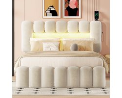 140 x 200 cm gestoffeerd bed - met 4 lades - met LED-verlichting - USB-poort en stereogeluid - beige - zonder matras